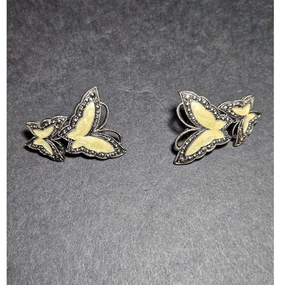 Silver Tone Avon Shimmery Cream Enamel Butterfly Earrings Vintage - Picture 8 of 10